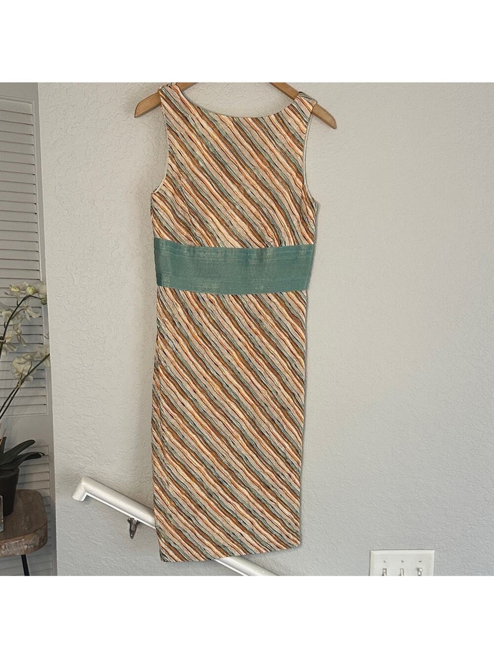 Vintage Kay Unger Dress Textured Stripe 70s Aqua Orange Cream Sleeveless Size 8